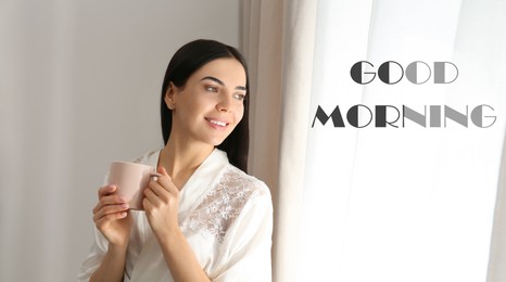 Image of Good Morning! Young woman with cup of tea near window