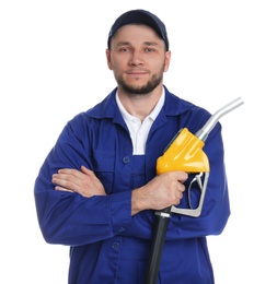 Gas station worker with fuel nozzle on white background