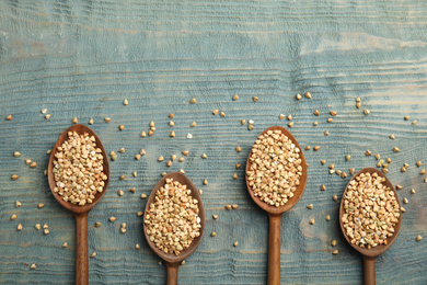 Photo of Uncooked green buckwheat grains in spoons on light blue wooden table, flat lay. Space for text