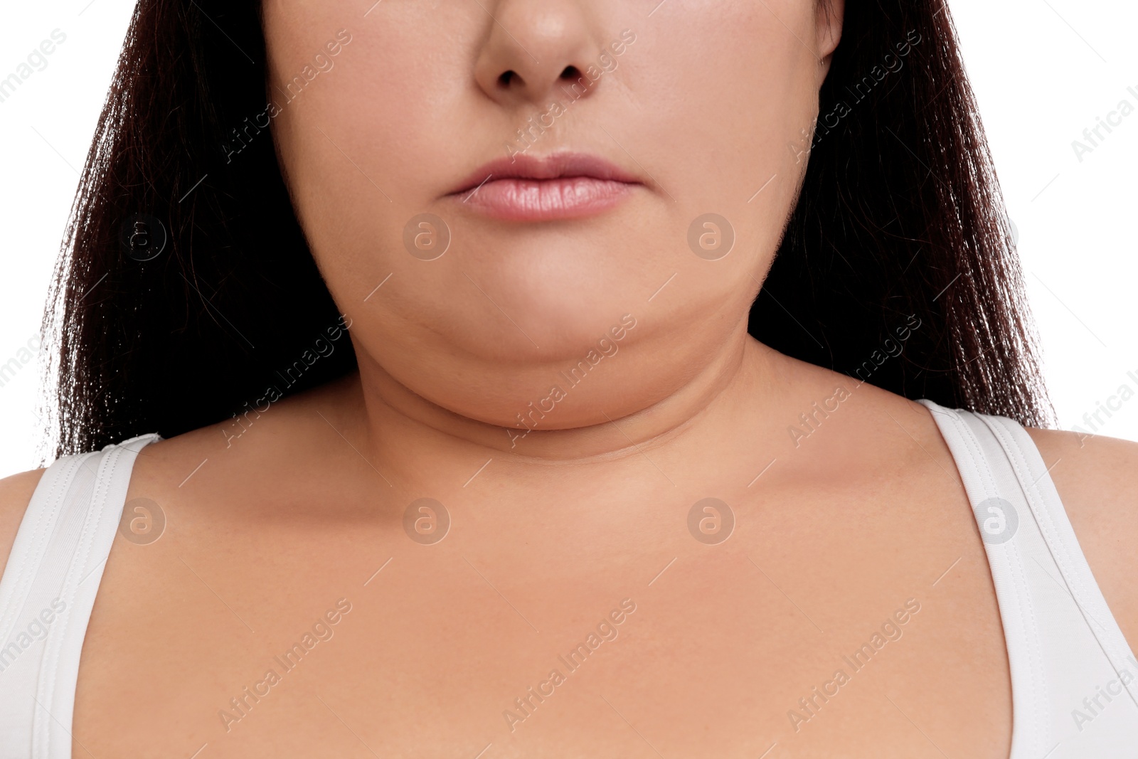 Photo of Woman with double chin on white background, closeup