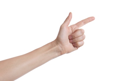 Photo of Woman pointing at something on white background, closeup of hand