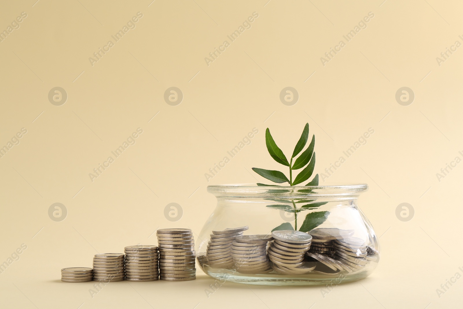 Photo of Financial savings. Coins, twig and glass jar on beige background