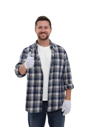 Happy man in gloves showing thumb up on white background