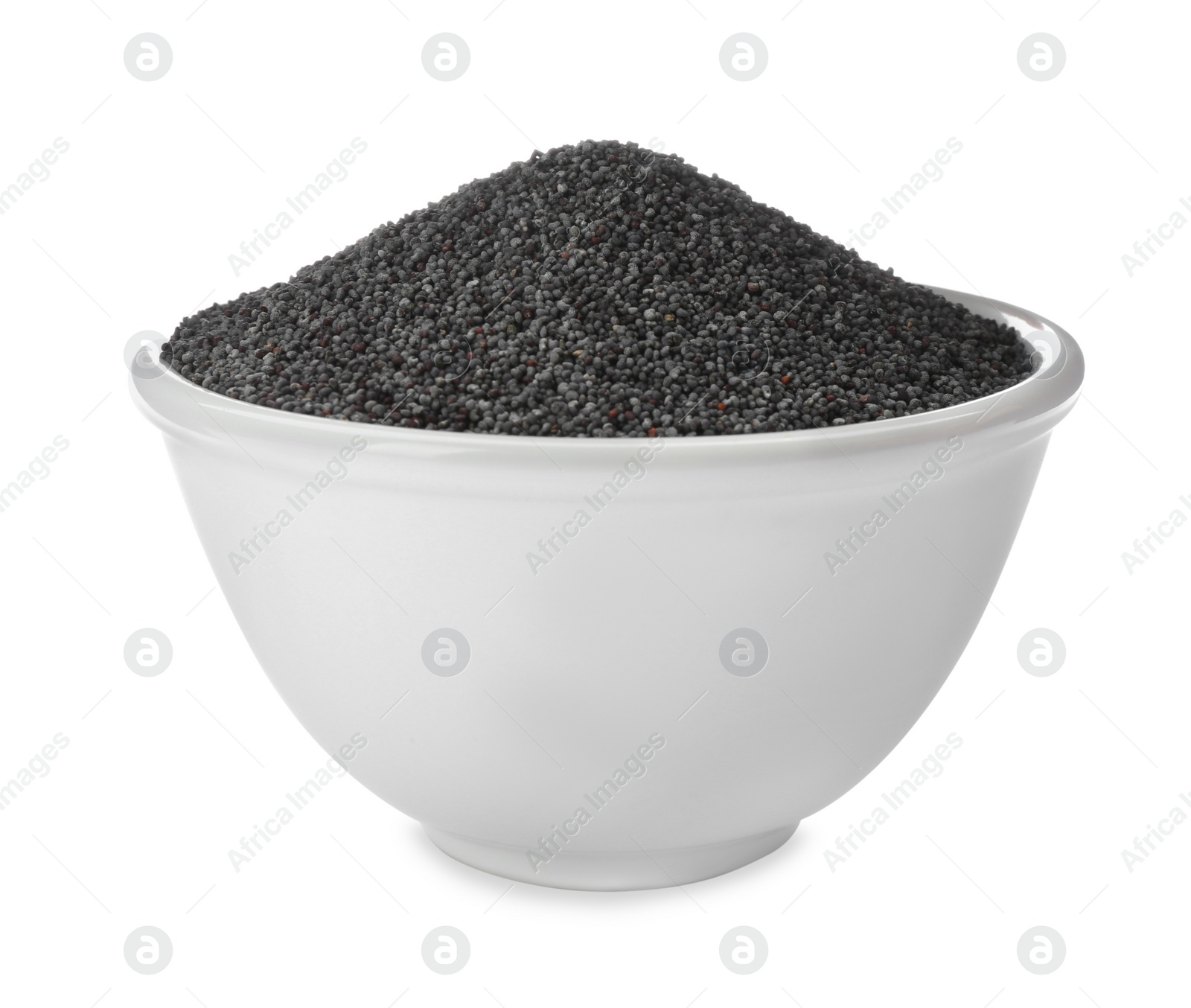 Photo of Poppy seeds in ceramic bowl isolated on white