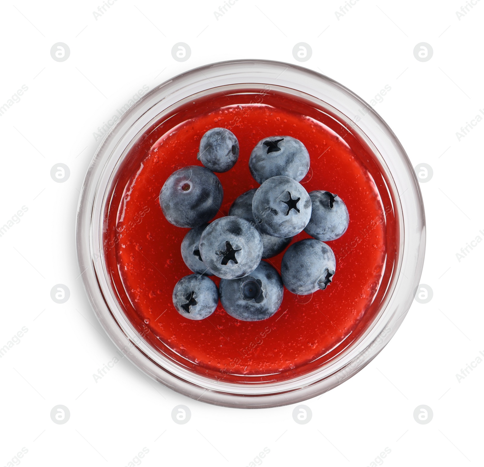 Photo of Delicious fruit jelly with fresh blueberries isolated on white, top view