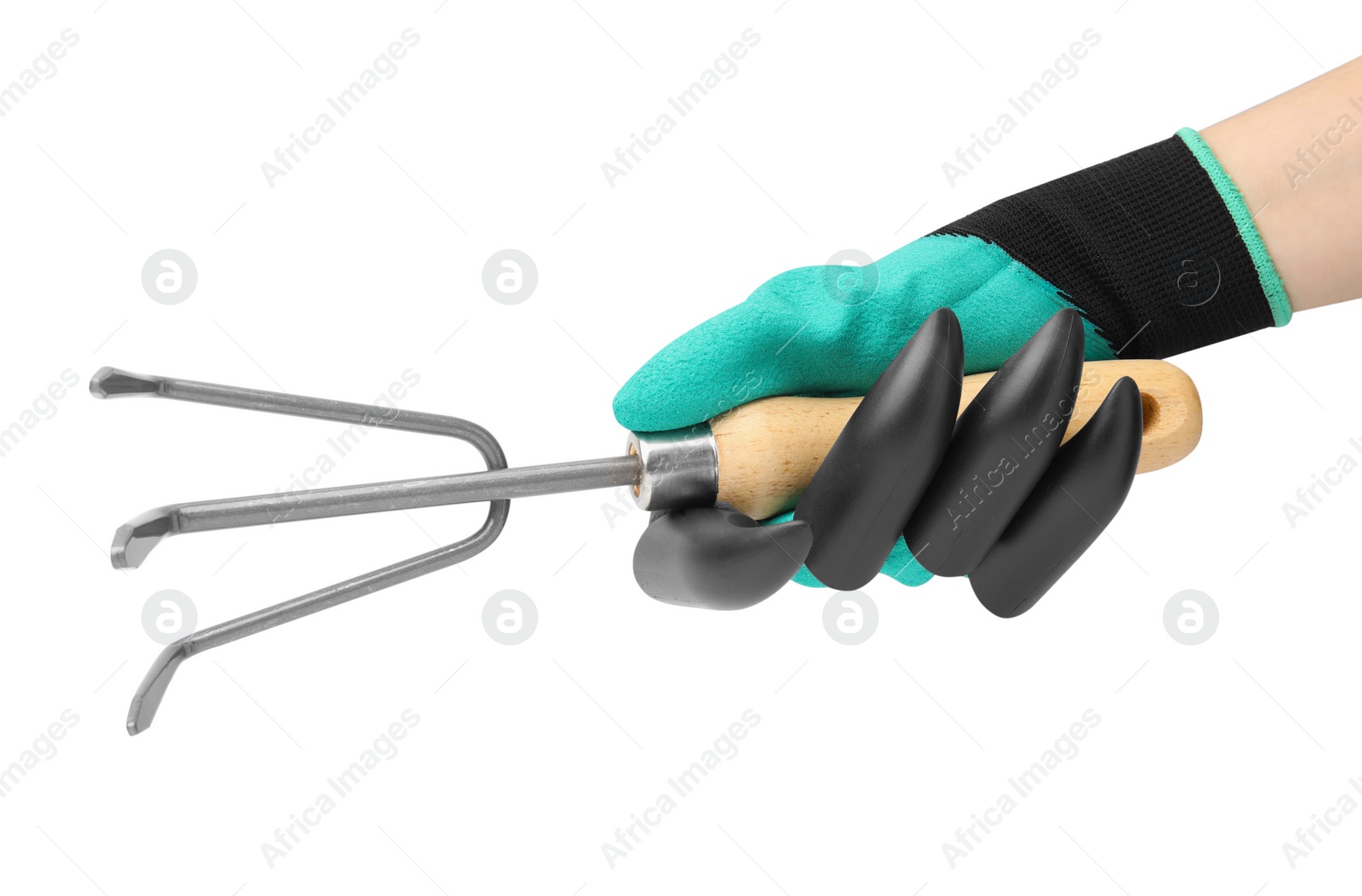 Photo of Woman in claw gardening glove holding rake on white background, closeup