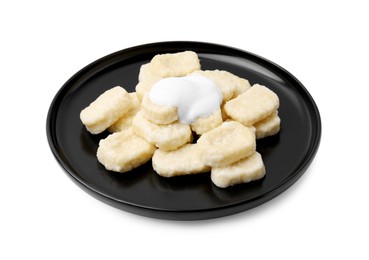 Photo of Plate of tasty lazy dumplings with sour cream isolated on white