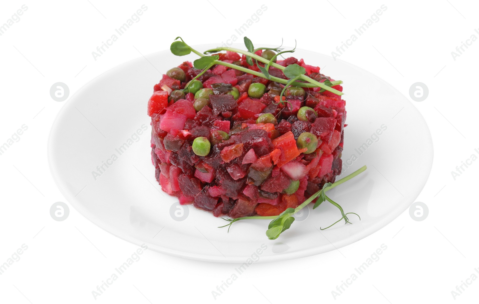 Photo of Delicious fresh vinaigrette salad isolated on white