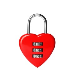 Photo of Red heart shaped padlock isolated on white
