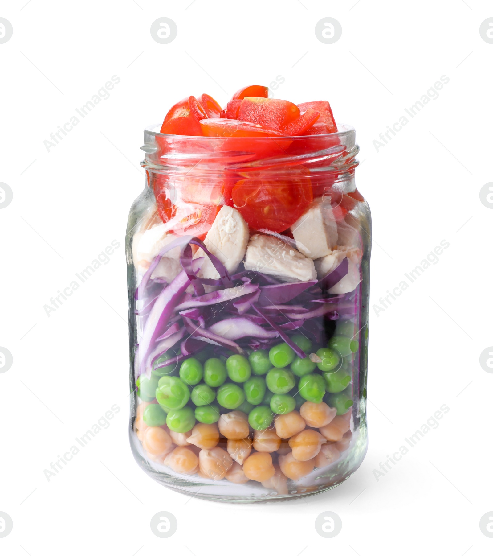 Photo of Healthy salad in glass jar isolated on white