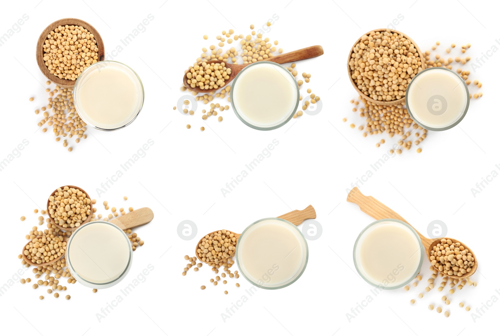 Image of Set with natural soy milk and beans on white background, top view