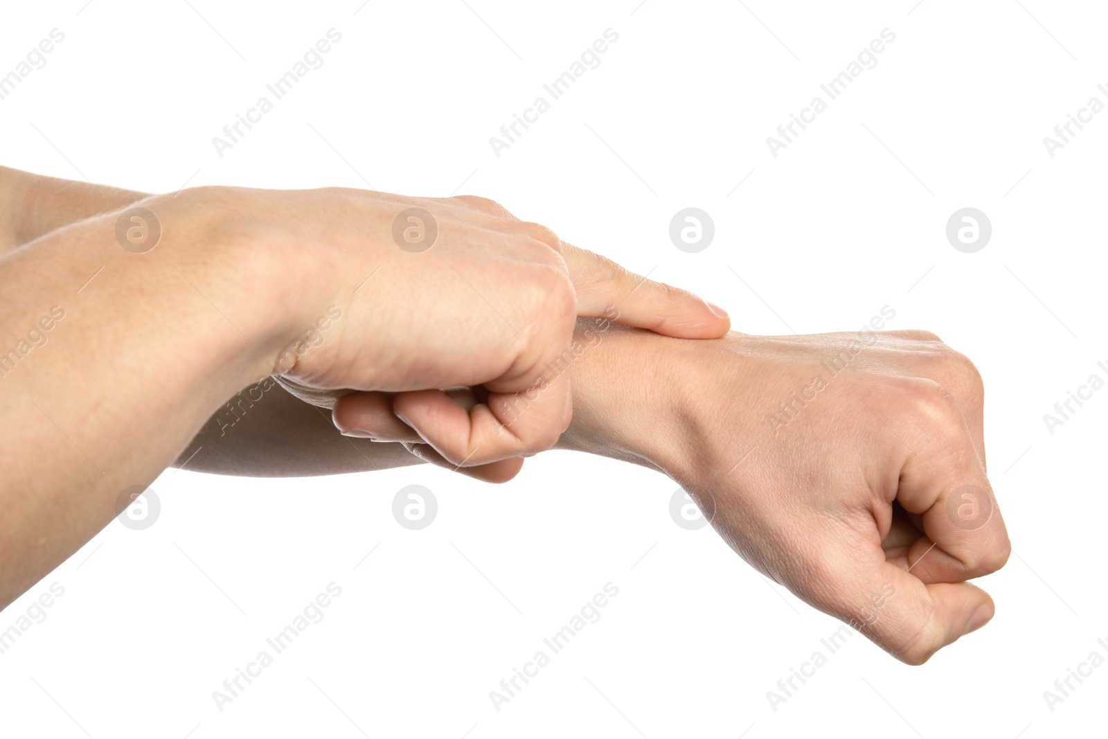 Photo of Man showing word time on white background, closeup. Sign language