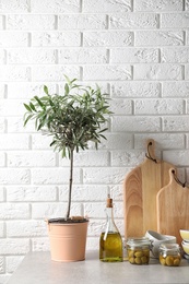 Fresh oil, olives and kitchen utensils on table near brick wall