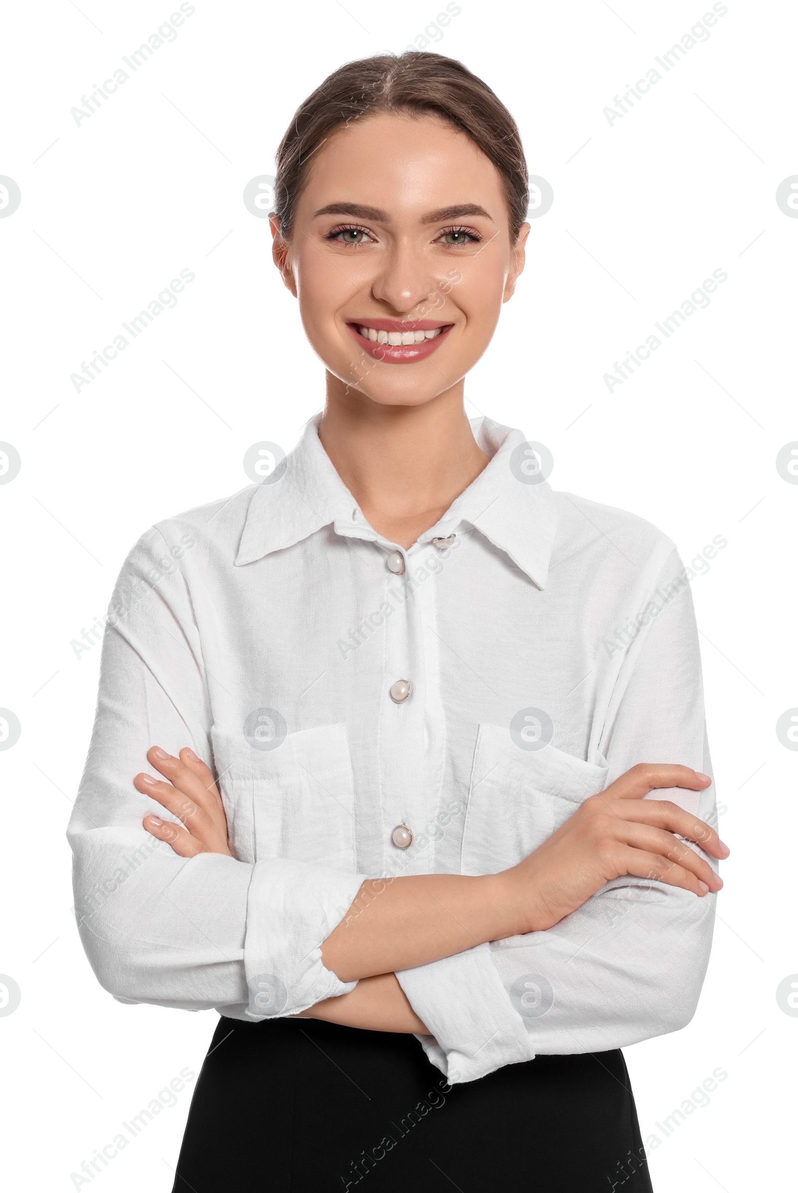 Photo of Portrait of hostess in uniform on white background