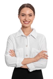 Photo of Portrait of hostess in uniform on white background