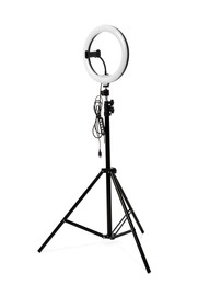 Modern tripod with ring light isolated on white