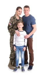Photo of Female soldier with her family on white background. Military service