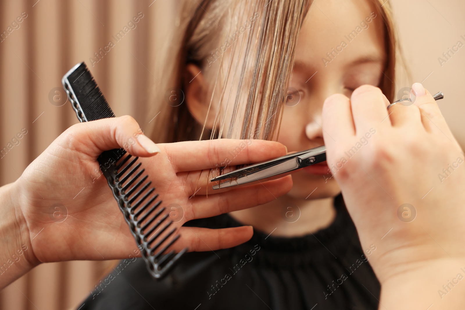 Photo of Professional hairdresser cutting girl's hair in beauty salon, closeup