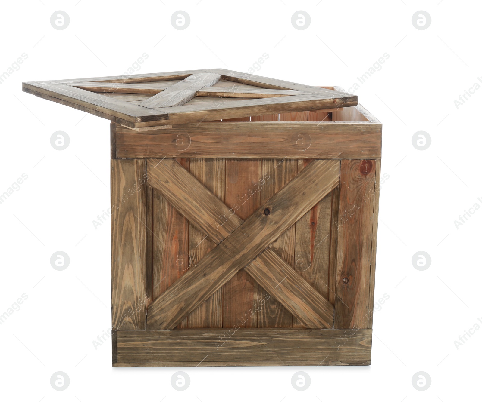 Photo of Old open wooden crate with lid isolated on white