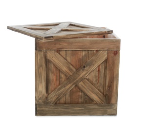 Old open wooden crate with lid isolated on white