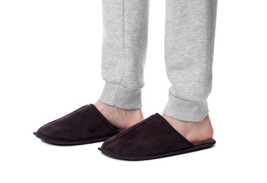 Man in soft slippers on white background, closeup