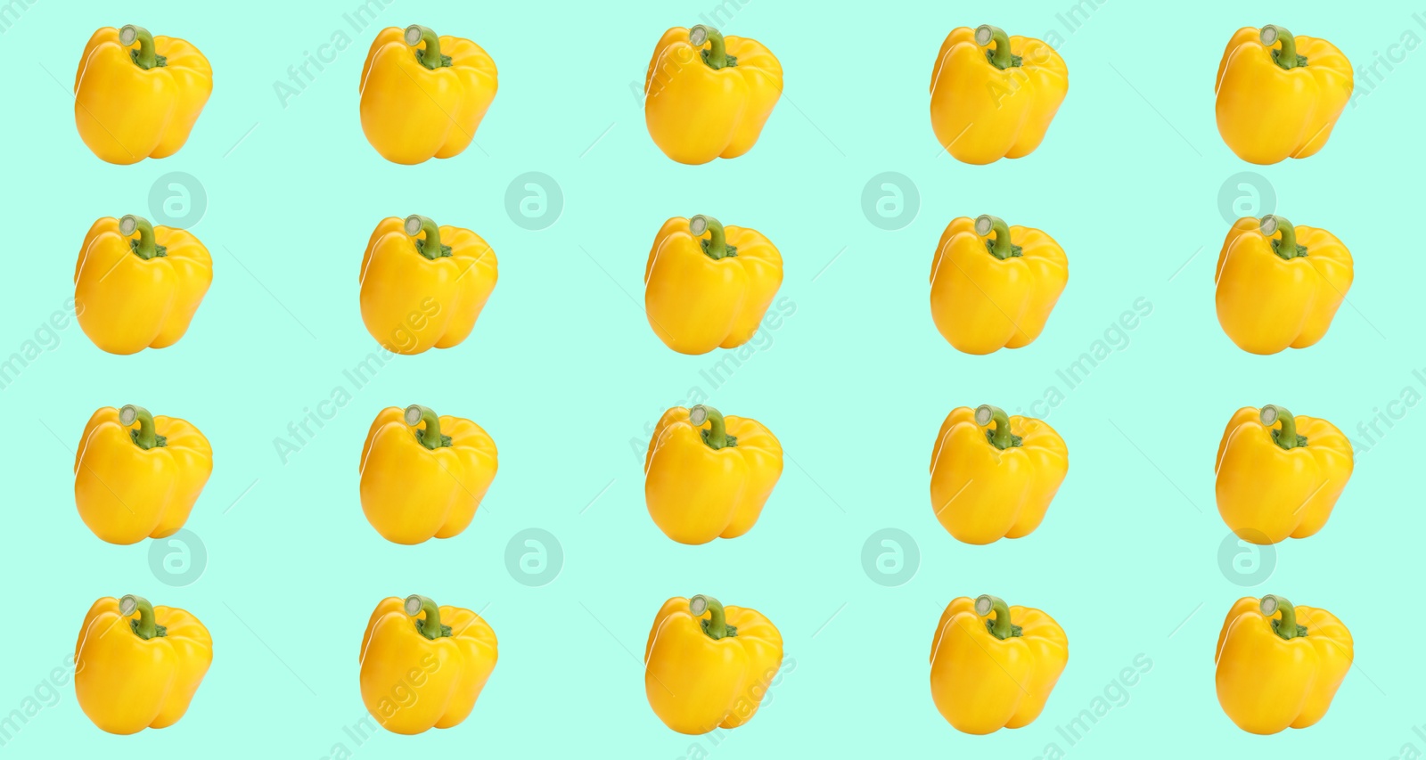 Image of Collage with yellow bell peppers on light turquoise background. Banner design