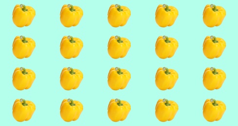 Image of Collage with yellow bell peppers on light turquoise background. Banner design