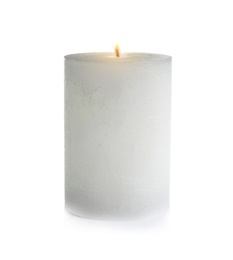 Photo of Decorative wax candle on white background