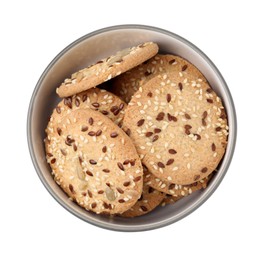 Photo of Round cereal crackers with flax, sunflower and sesame seeds in bowl isolated on white, top view