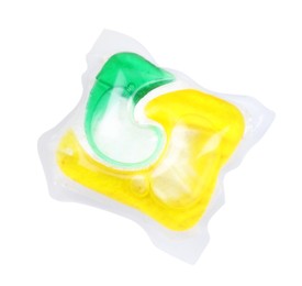 Photo of One dishwasher detergent pod isolated on white, top view