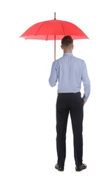 Photo of Businessman with red umbrella on white background, back view