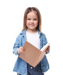 Photo of Cute little girl with open book on white background