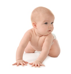 Photo of Cute little baby crawling on white background