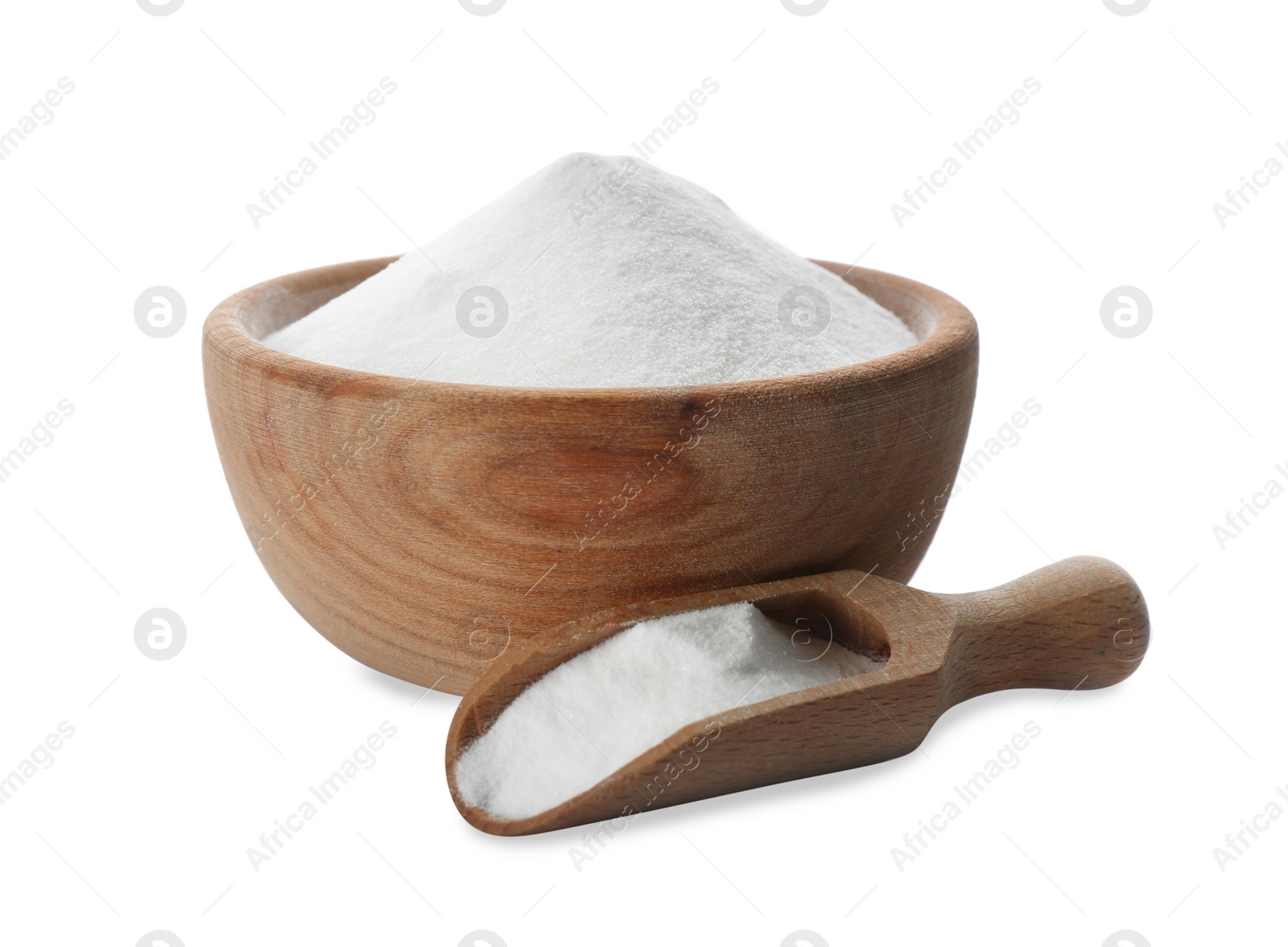 Photo of Baking soda in wooden bowl and scoop isolated on white