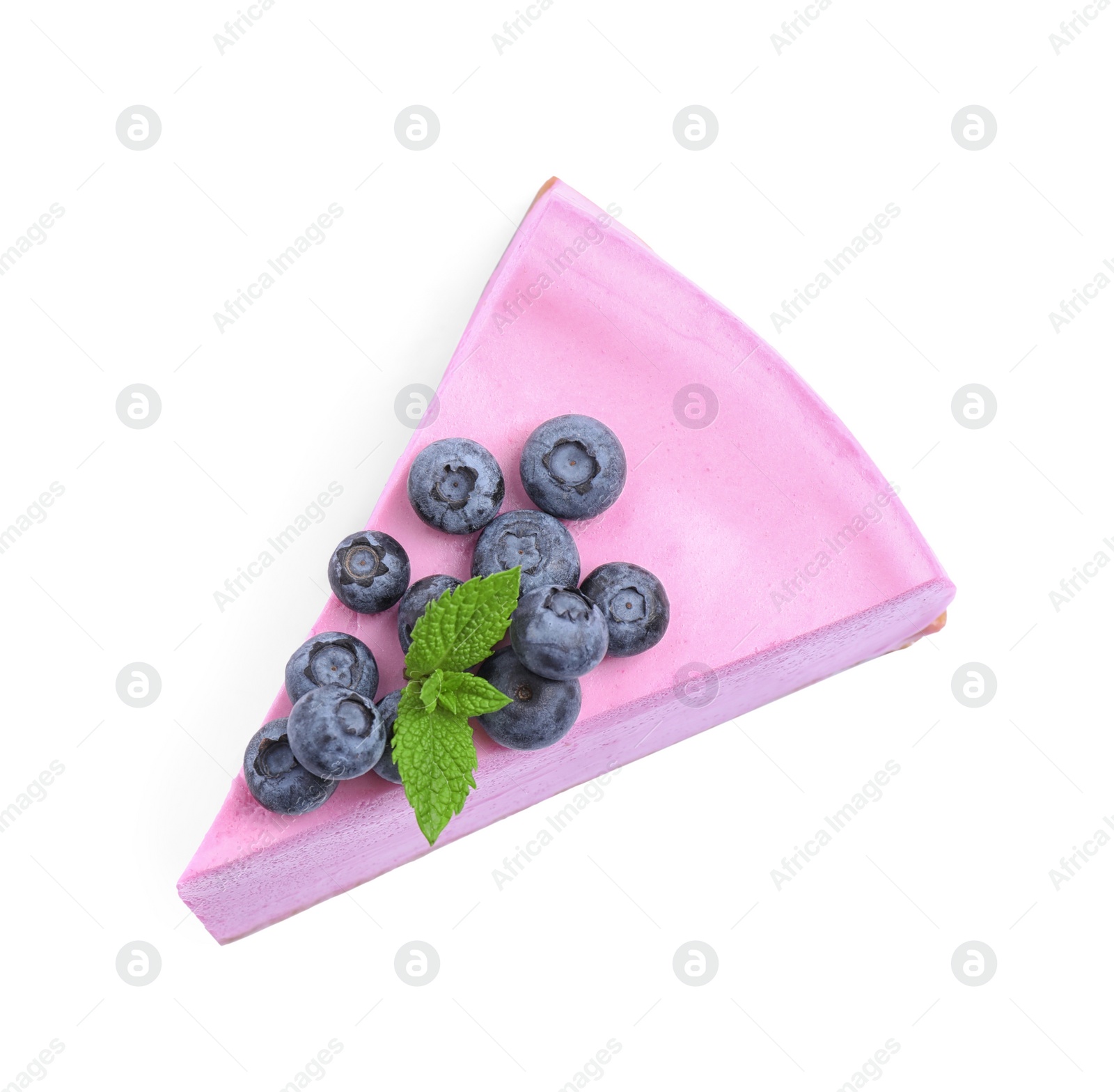 Photo of Piece of tasty blueberry cake with mint om white background, top view