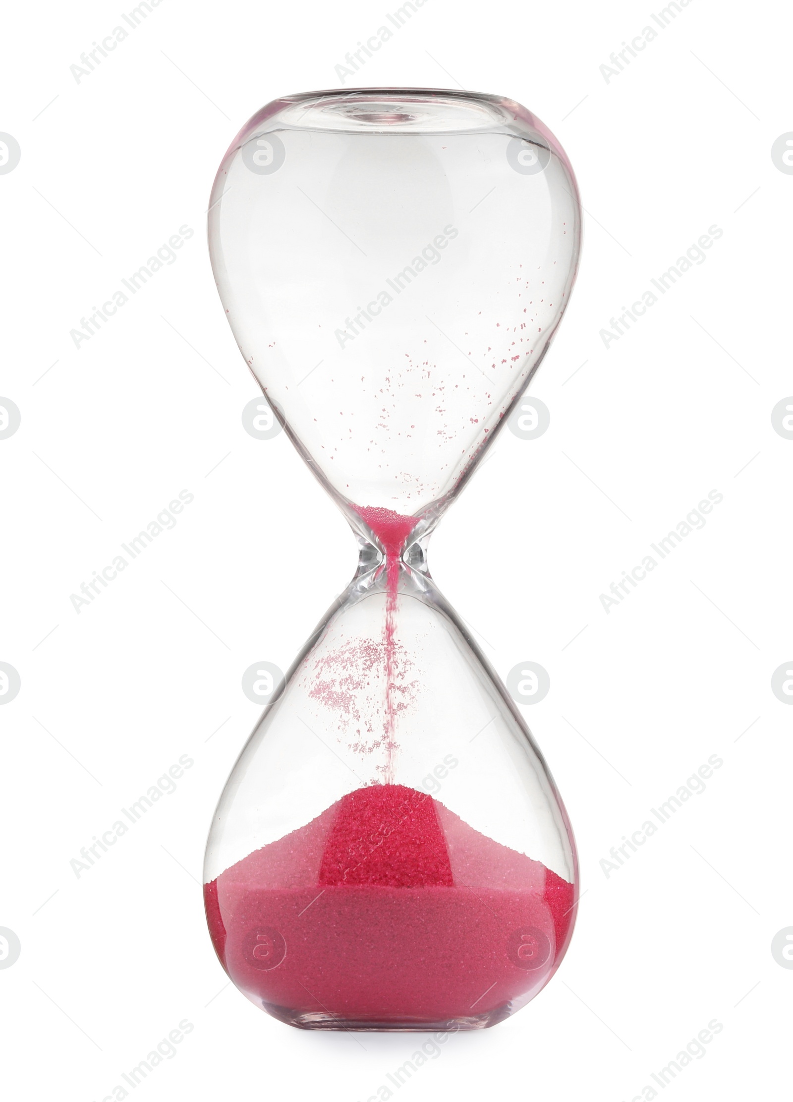 Photo of Hourglass with pink flowing sand isolated on white