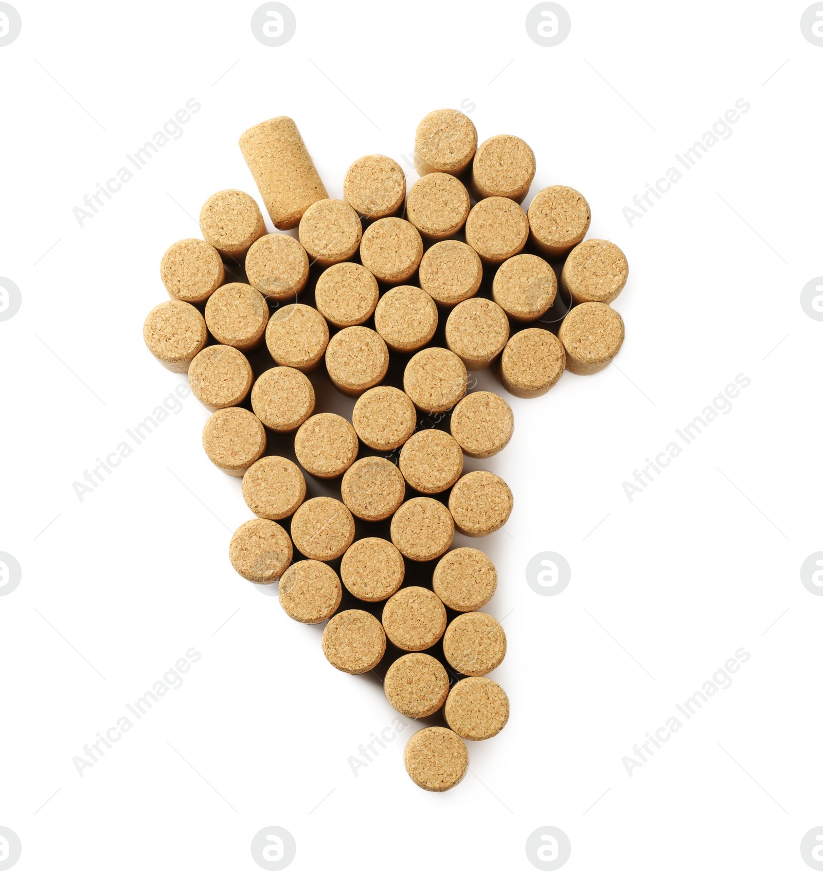 Photo of Grape made of wine bottle corks isolated on white, top view