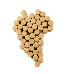 Photo of Grape made of wine bottle corks isolated on white, top view