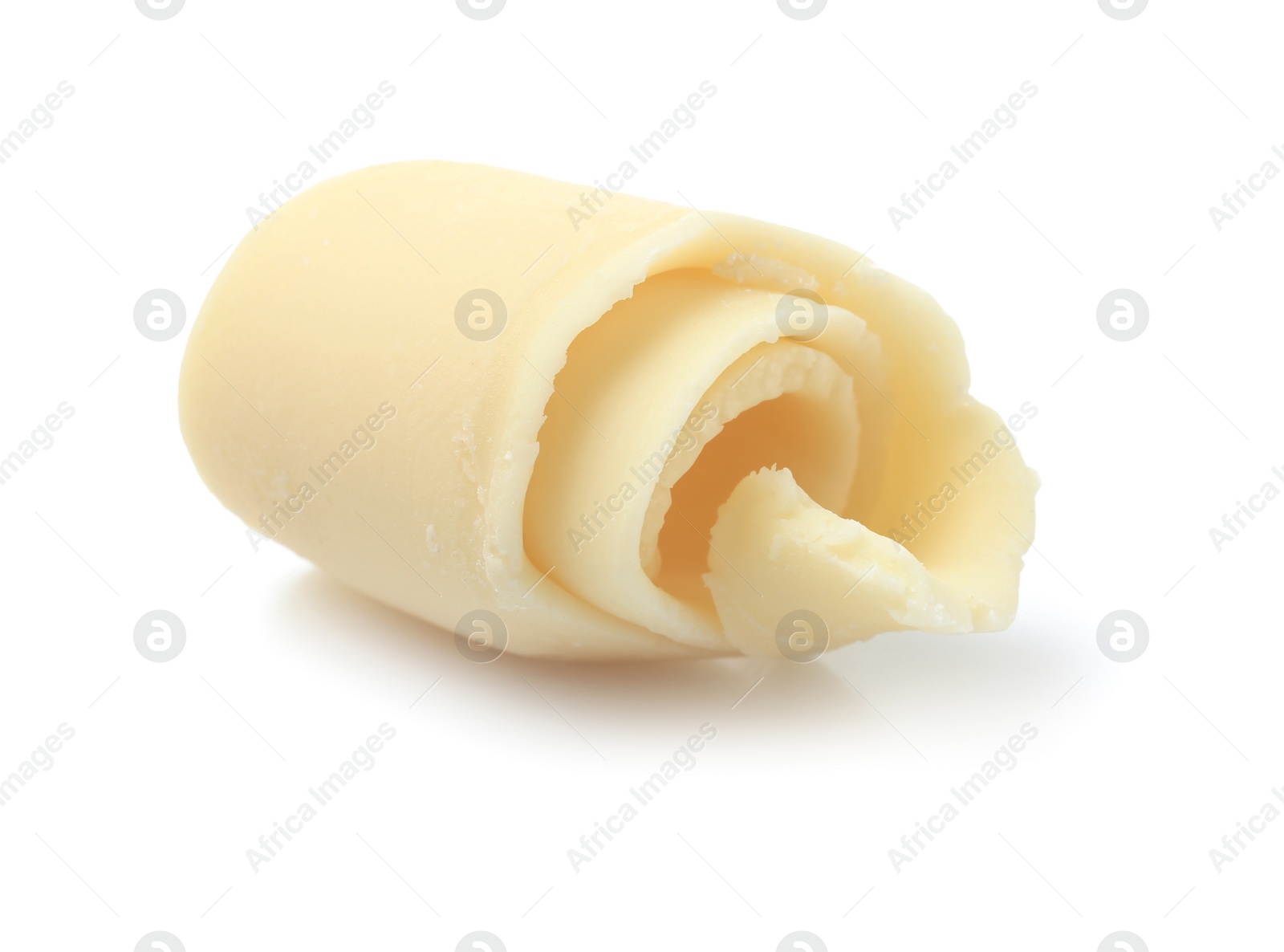 Photo of Yummy chocolate curl for decor on white background