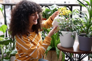 Beautiful young woman watering green houseplants on balcony