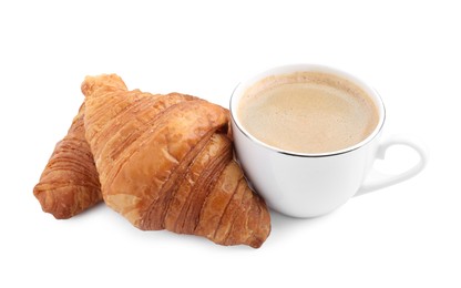 Photo of Fresh croissants and coffee isolated on white. Tasty breakfast