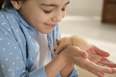 Little girl holding cute hamster at home, closeup