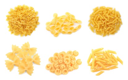 Different types of pasta isolated on white, set