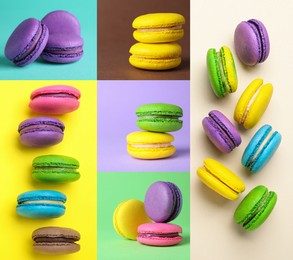 Image of Collage with photos of delicious macarons on different color backgrounds