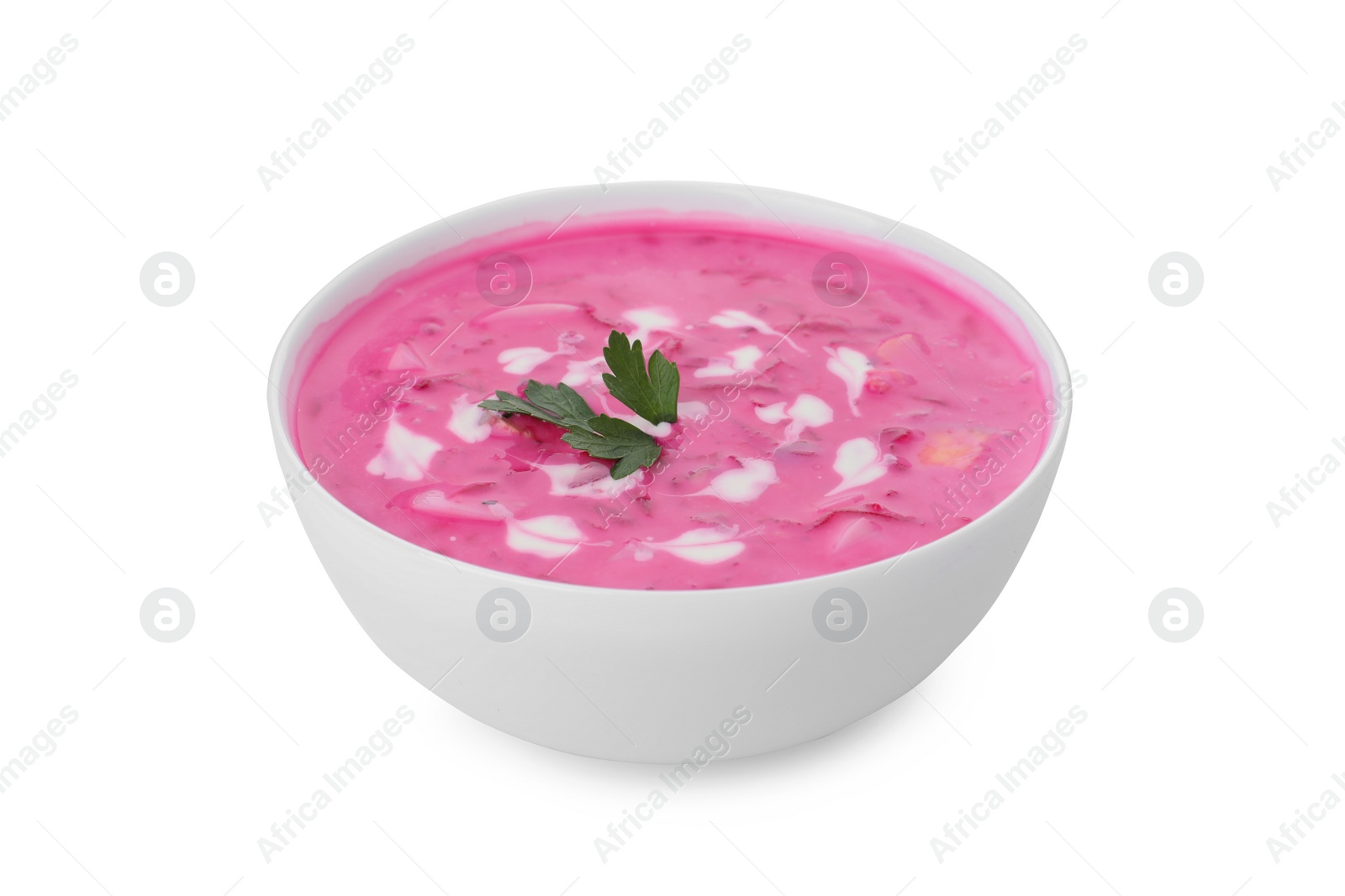 Photo of Delicious cold summer beet soup on white background