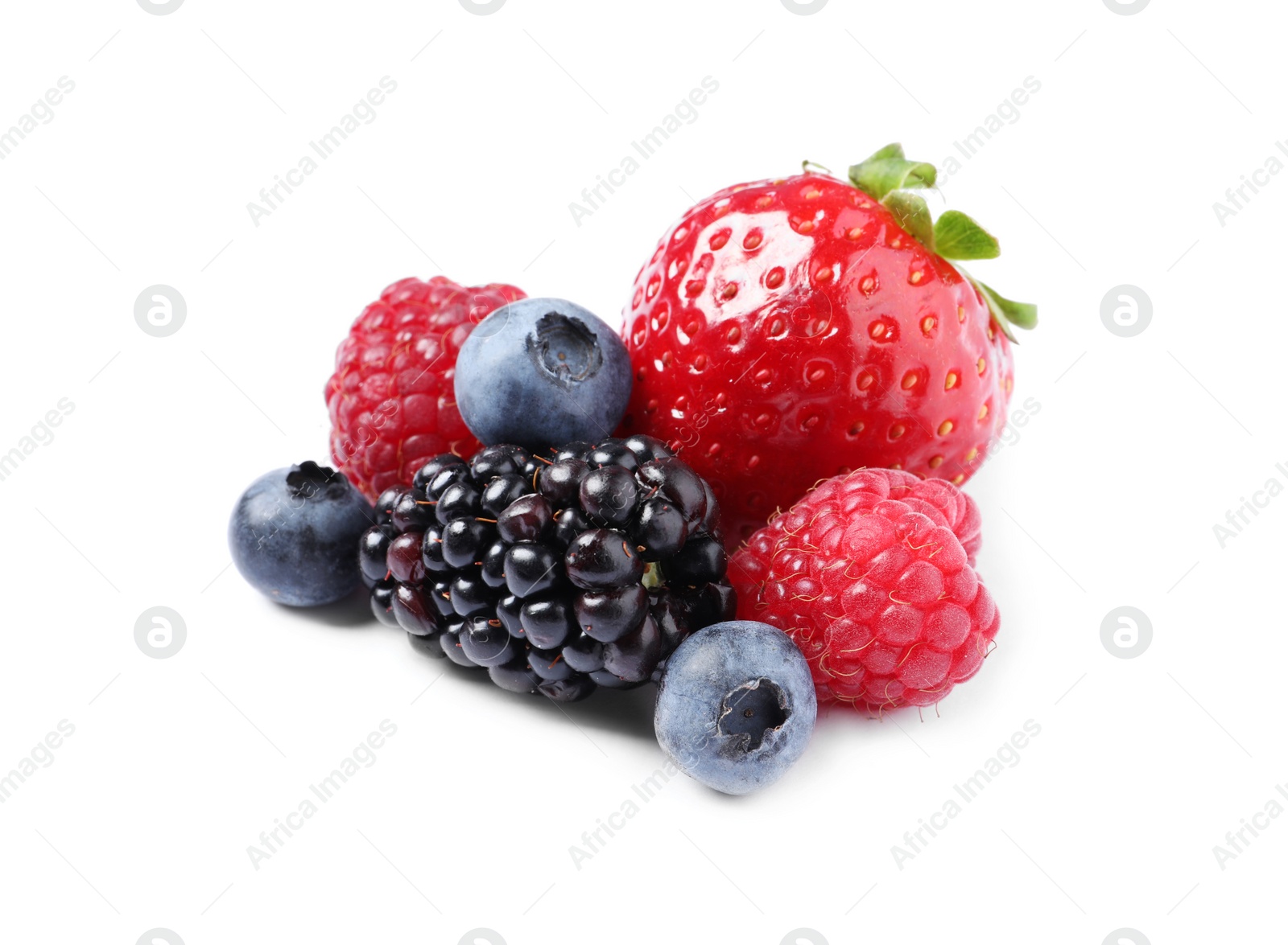 Photo of Many different ripe berries isolated on white