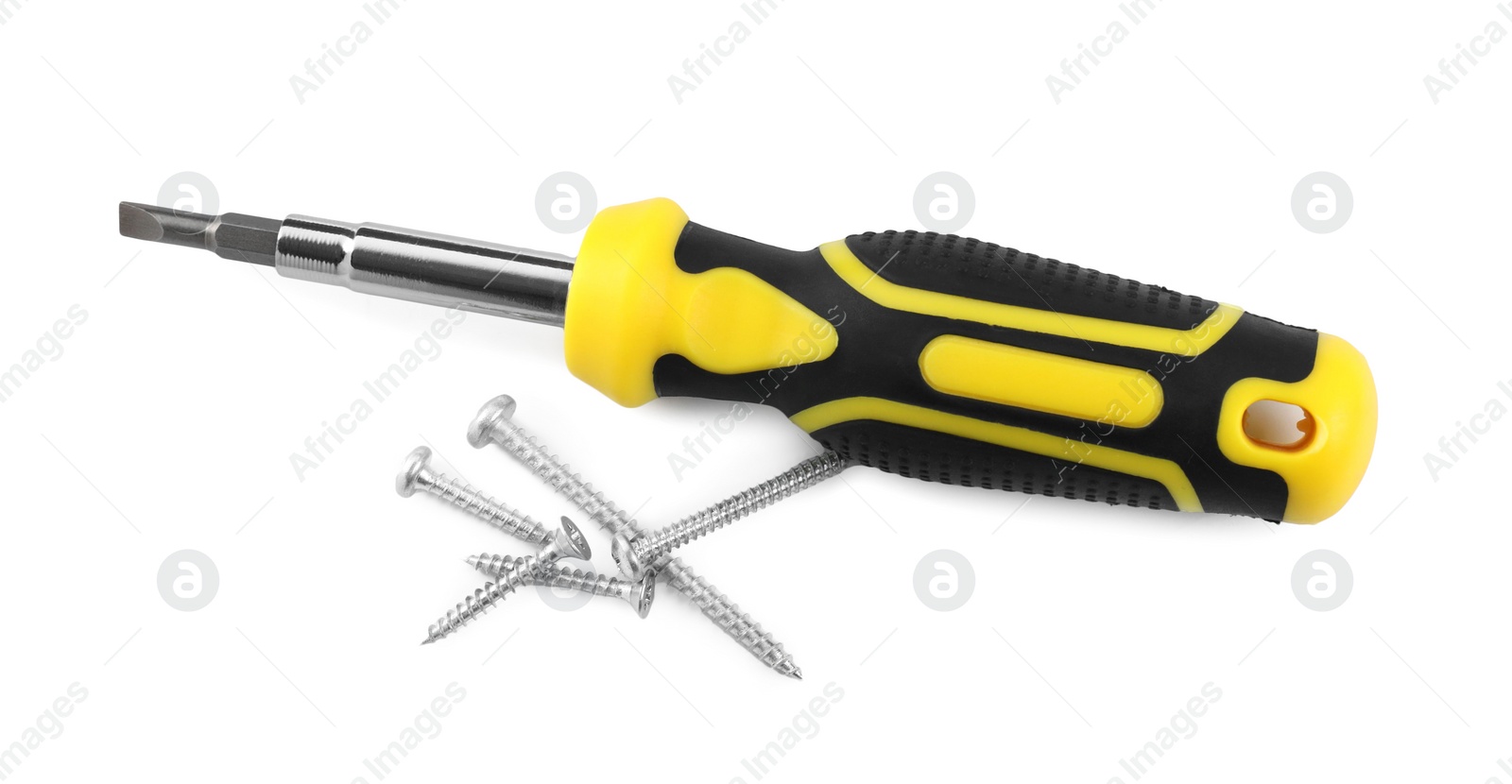 Photo of Screwdriver with black handle and screws isolated on white, top view