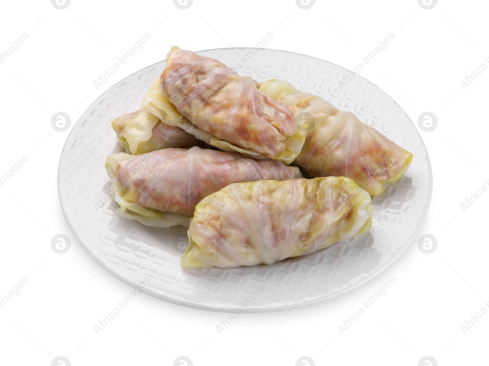 Photo of Uncooked stuffed cabbage rolls isolated on white