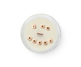 Image of Apology. Phrase I Am Sorry of wooden cubes in candle isolated on white, top view