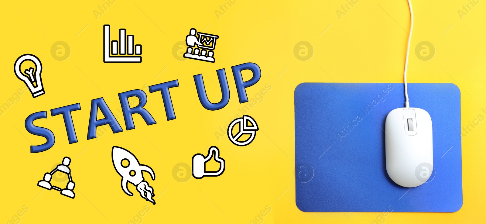 Image of Modern wired optical mouse, different icons and word STARTUP on yellow background, top view. Banner design